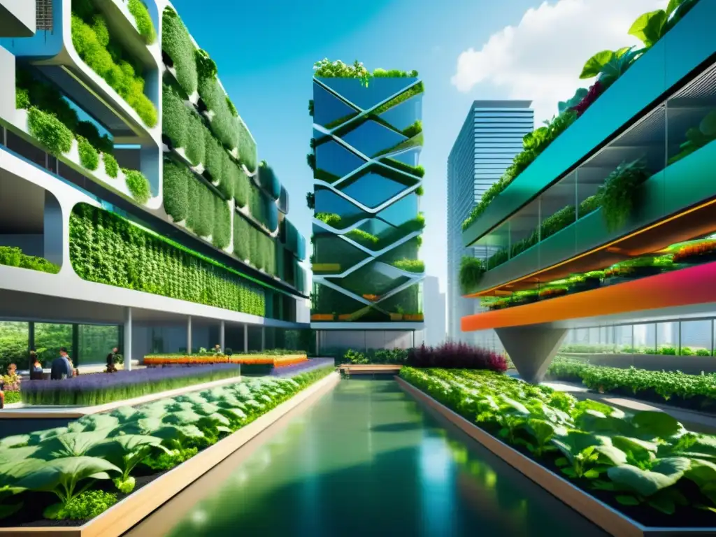 Vibrante paisaje urbano con huertos verticales acuaponía urbana integrados en rascacielos modernos, llenos de vegetación colorida