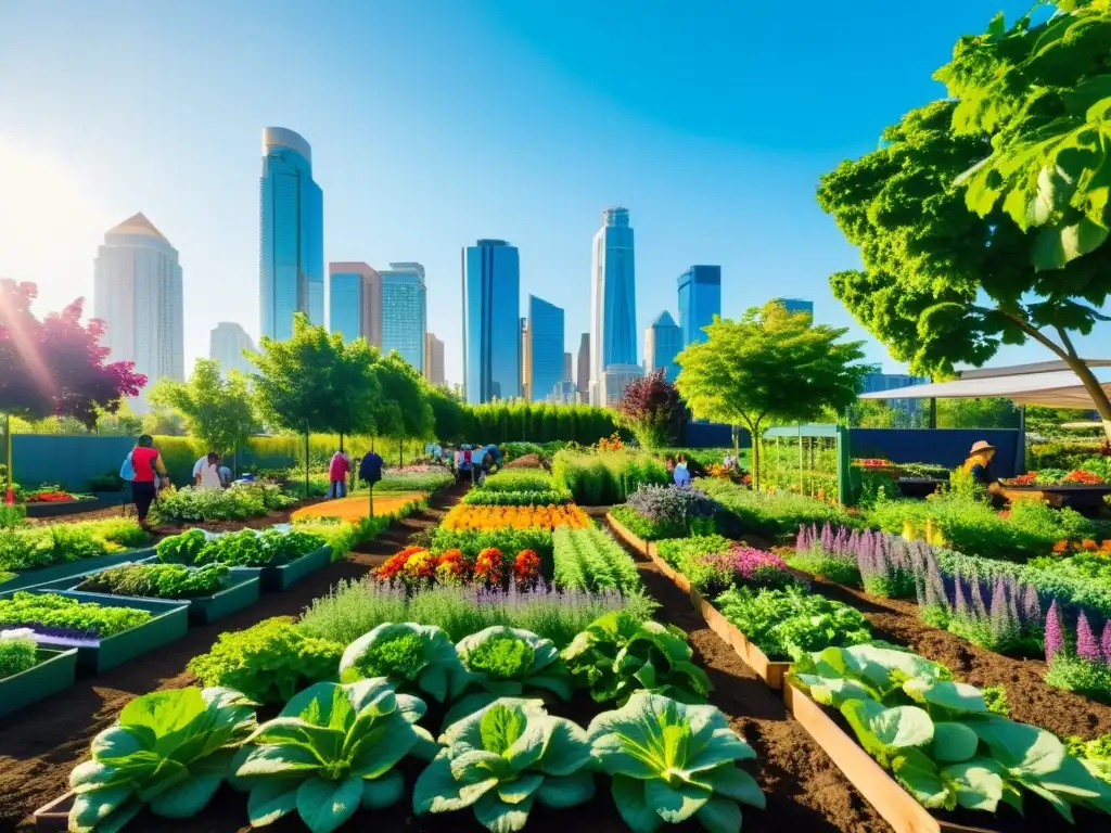 Vibrante paisaje urbano con huertos comunitarios sostenibles, reflejo de convenios internacionales y la coexistencia ciudad-naturaleza