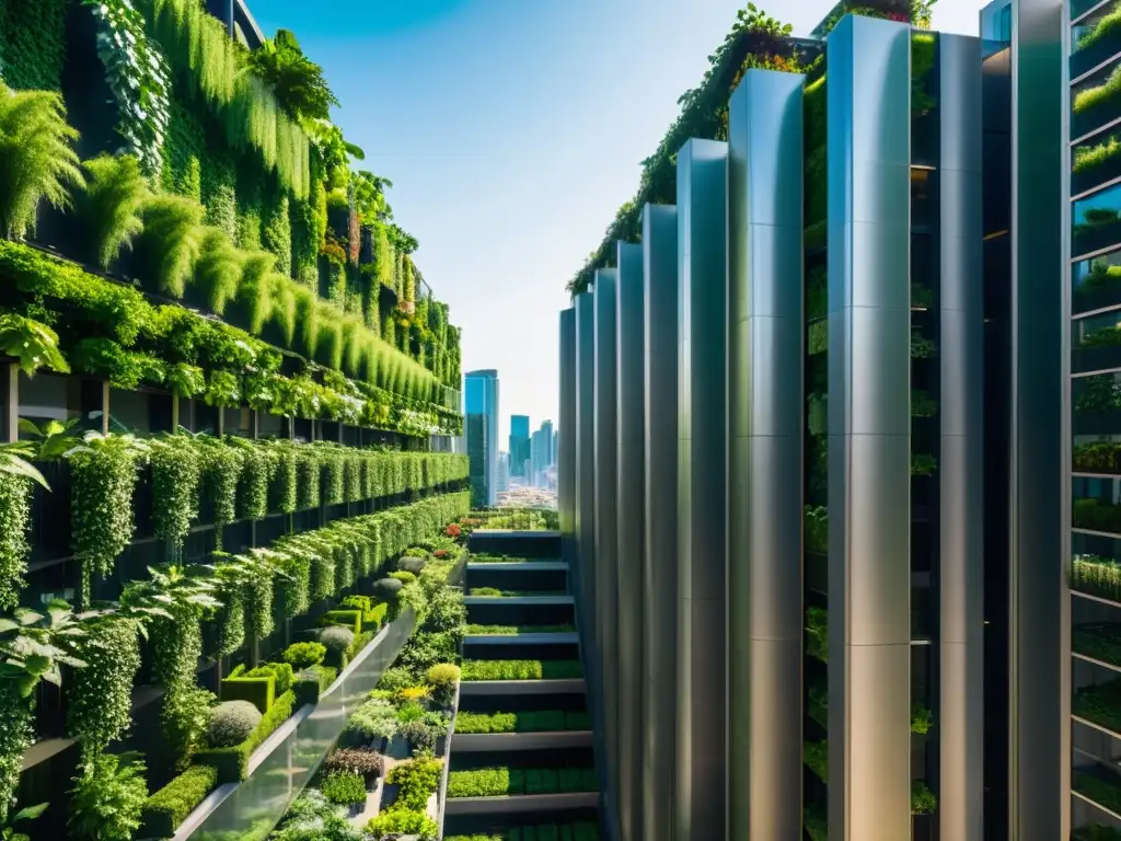 Vibrante paisaje urbano con rascacielos cubiertos de jardines verticales