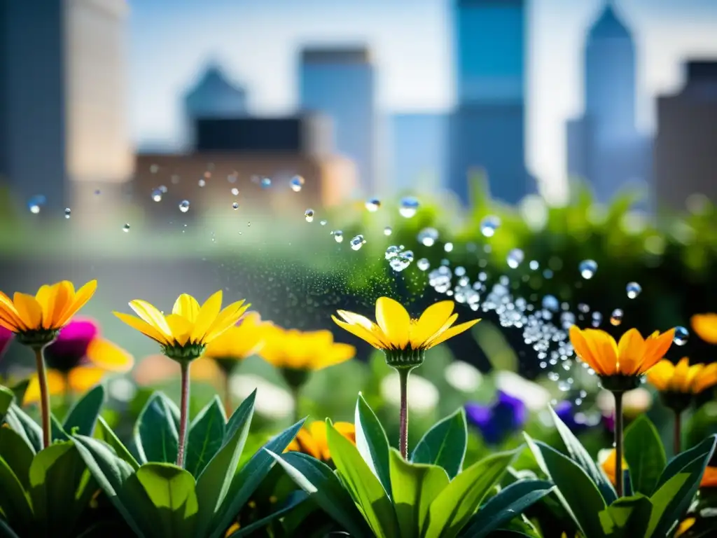 Vibrante polinización en huertos urbanos: agua y flores en un jardín moderno de colores intensos