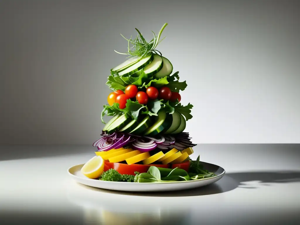 Vibrante presentación platos ensaladas verticales con ingredientes frescos y coloridos en torre detallada