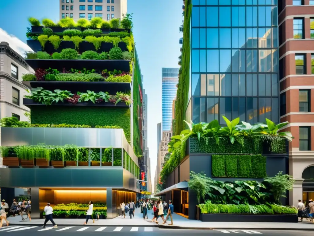 Jardín vertical en la bulliciosa ciudad de Nueva York Una visión vibrante de Nueva York, con rascacielos futuristas y un jardín vertical integrado en la vida cotidiana de la ciudad