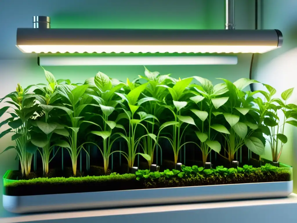 Vibrante sistema acuapónico de alta tecnología con plantas verdes exuberantes en agua rica en nutrientes, optimizando costos