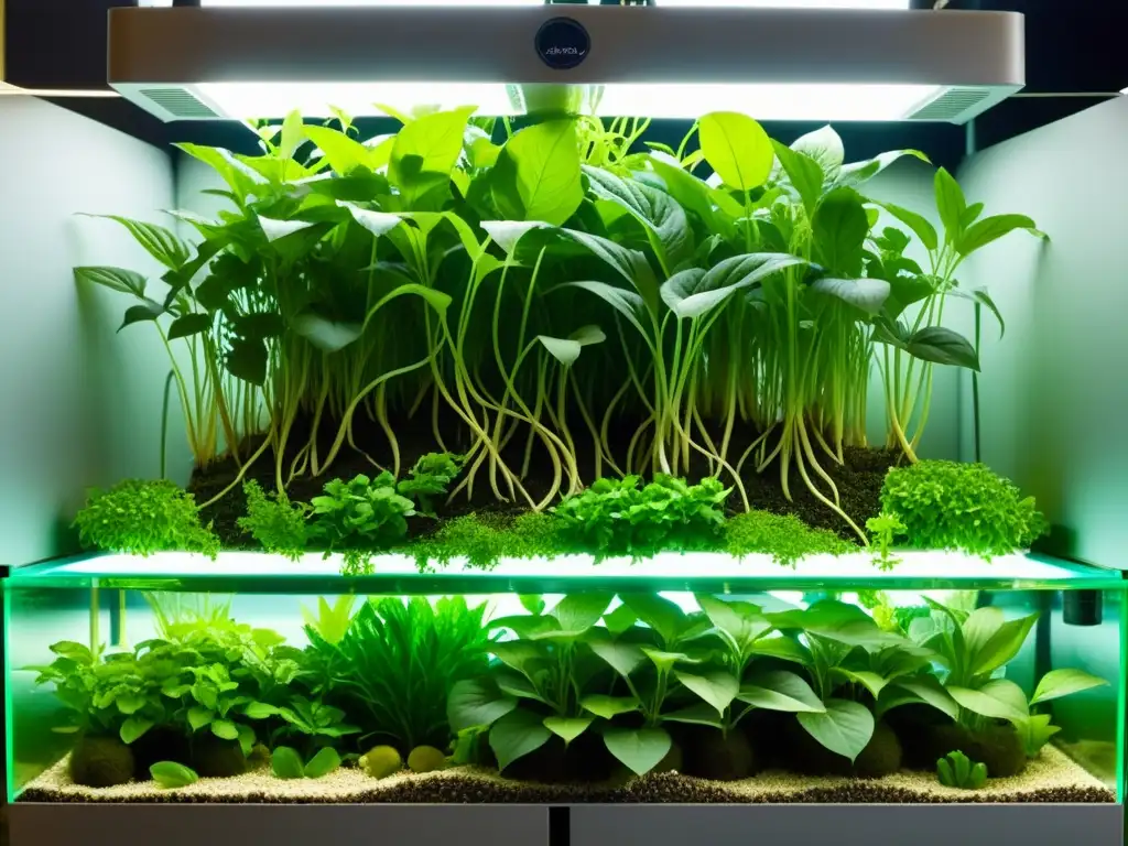 Vibrante sistema acuapónico con balance adecuado en acuaponía, destacando la exuberante vegetación y peces nadando entre las raíces