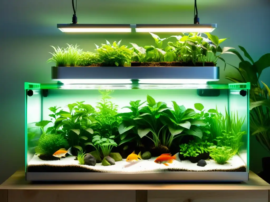 Vibrante sistema acuapónico con plantas purificadoras acuaponía y peces nadando en armonía bajo suave luz natural