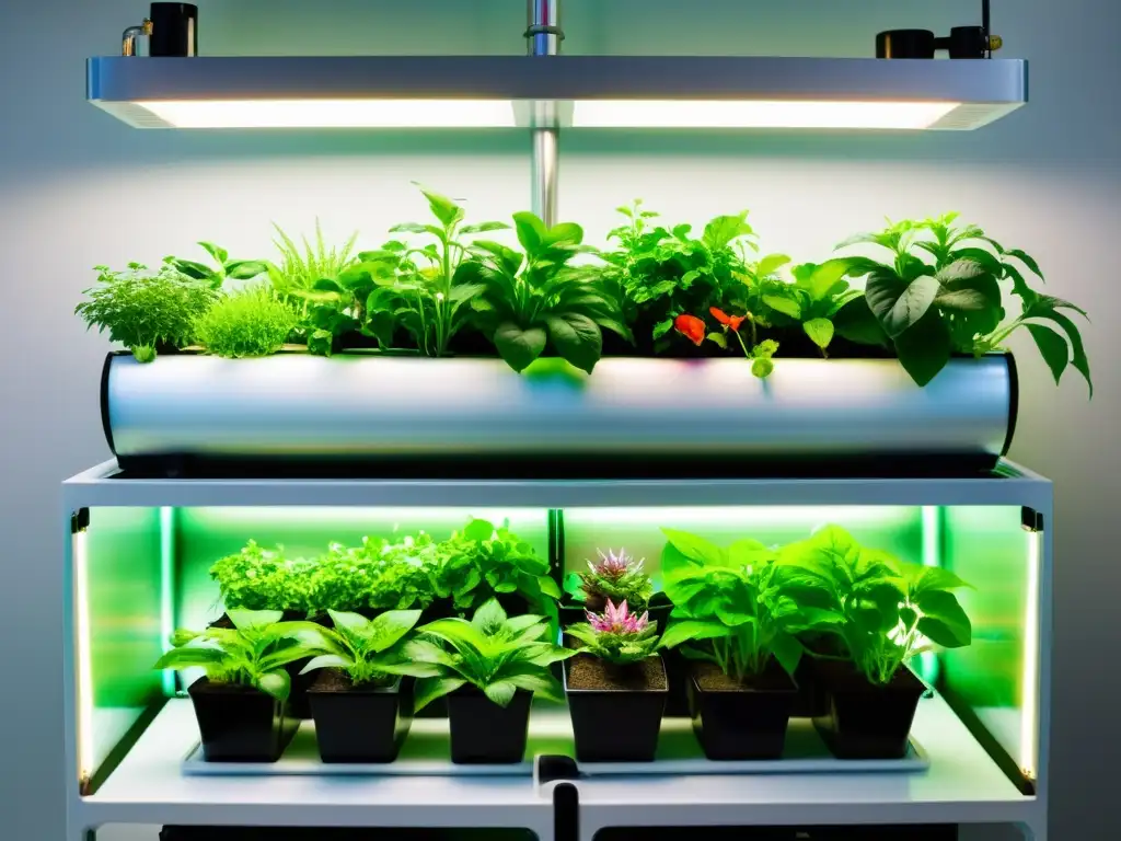 Vibrante sistema acuapónico con plantas saludables en agua rica en nutrientes y medidor de temperatura en el fondo