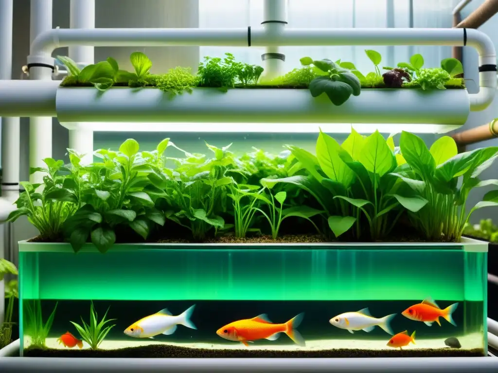 Vibrante sistema acuapónico: plantas exuberantes y peces saludables ilustran el impacto de temperatura, nutrición y salud en la acuaponía