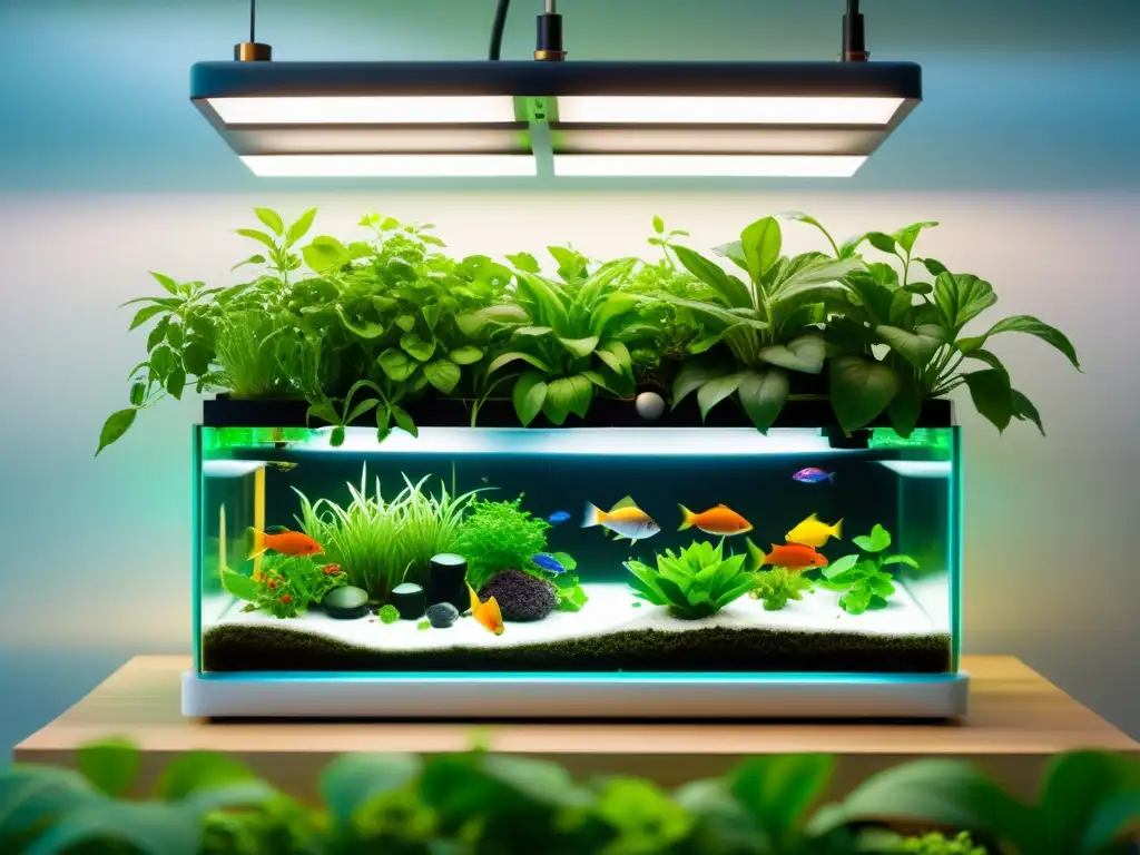 Vibrante sistema acuapónico con plantas exuberantes y peces coloridos