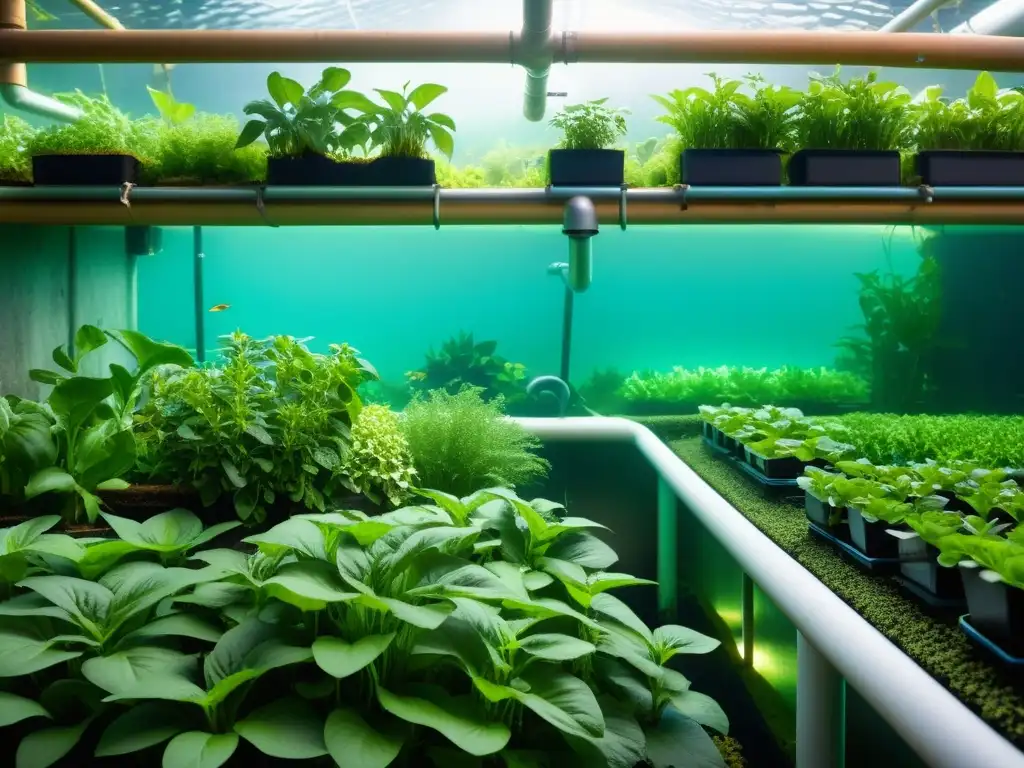 Vibrante sistema acuapónico con plantas exuberantes y peces saludables en agua cristalina