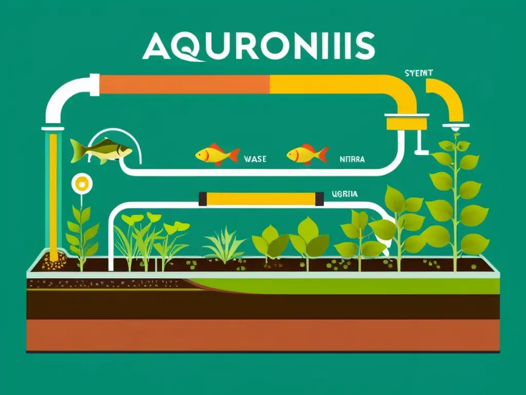 Vibrante ilustración de un sistema de acuaponía cerrado que destaca la importancia del ciclo del nitrógeno