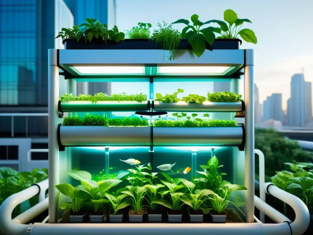 Vibrante sistema de acuaponía urbana: peceras futuristas conectadas a tubos transparentes, nutriendo vegetales