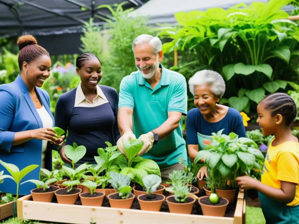 Un vibrante taller educativo en huerto urbano, donde personas diversas aprenden y disfrutan entre frutas, verduras y flores coloridas