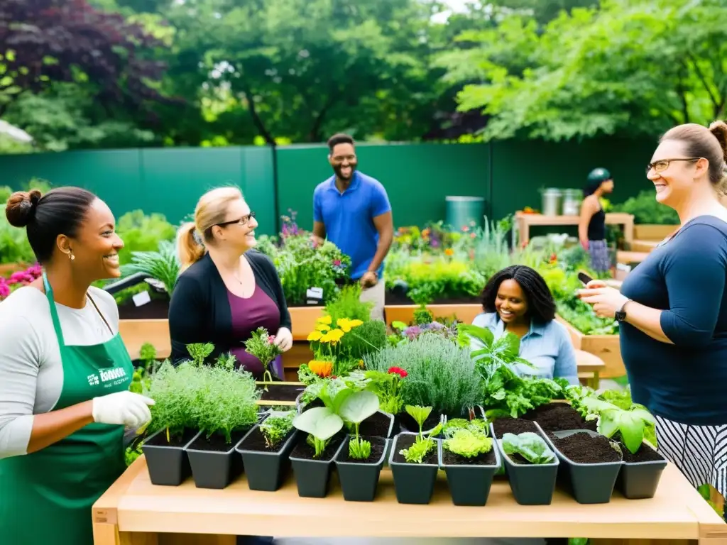 'Vibrante taller educativo huertos urbanos con diversidad de participantes, colaboración, naturaleza exuberante y herramientas eco-friendly