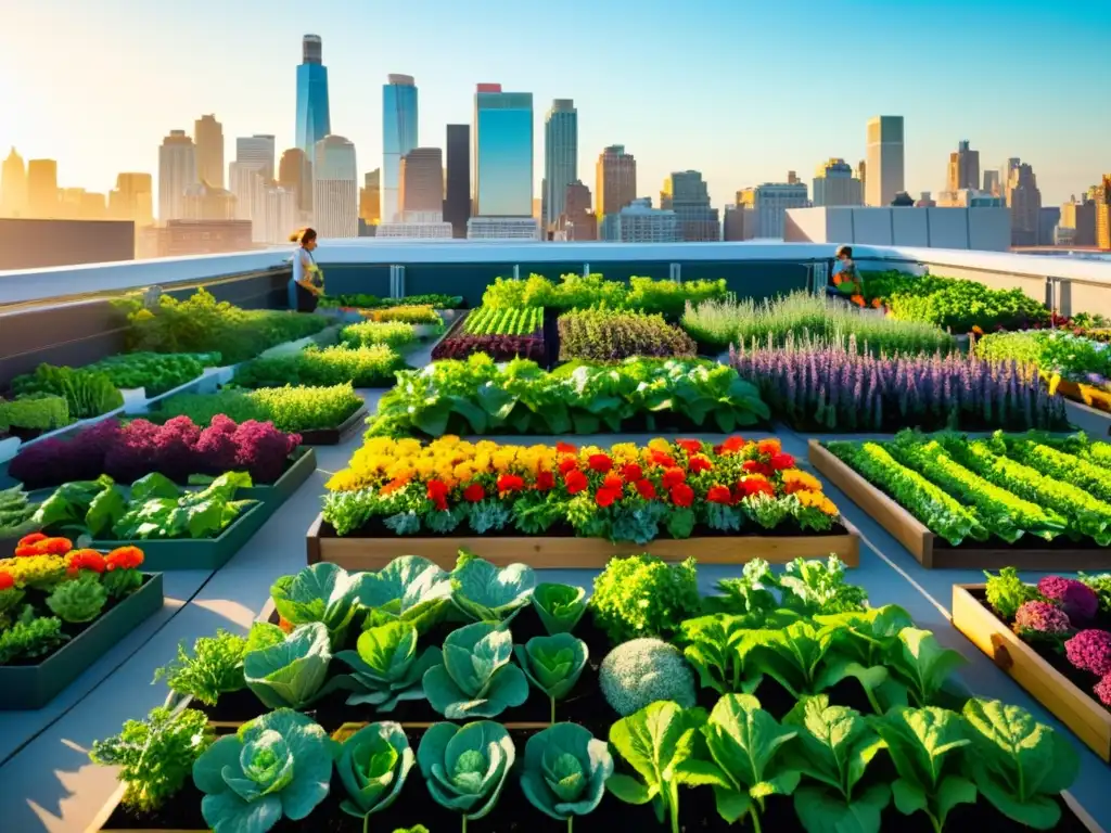 Una vibrante terraza de agricultura urbana con vegetales verdes y flores coloridas, bañada por la cálida luz del sol