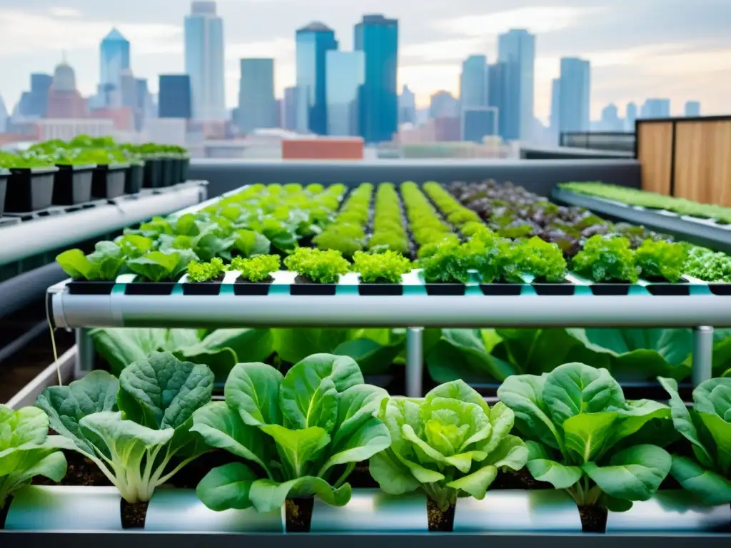 Vibrante jardín de acuaponía urbana con lechugas, kale y hierbas, y el skyline urbano de fondo