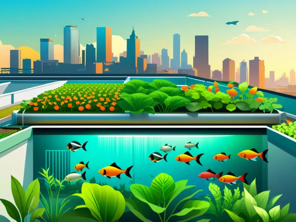 Vibrante acuaponía urbana con peces coloridos y vegetación exuberante