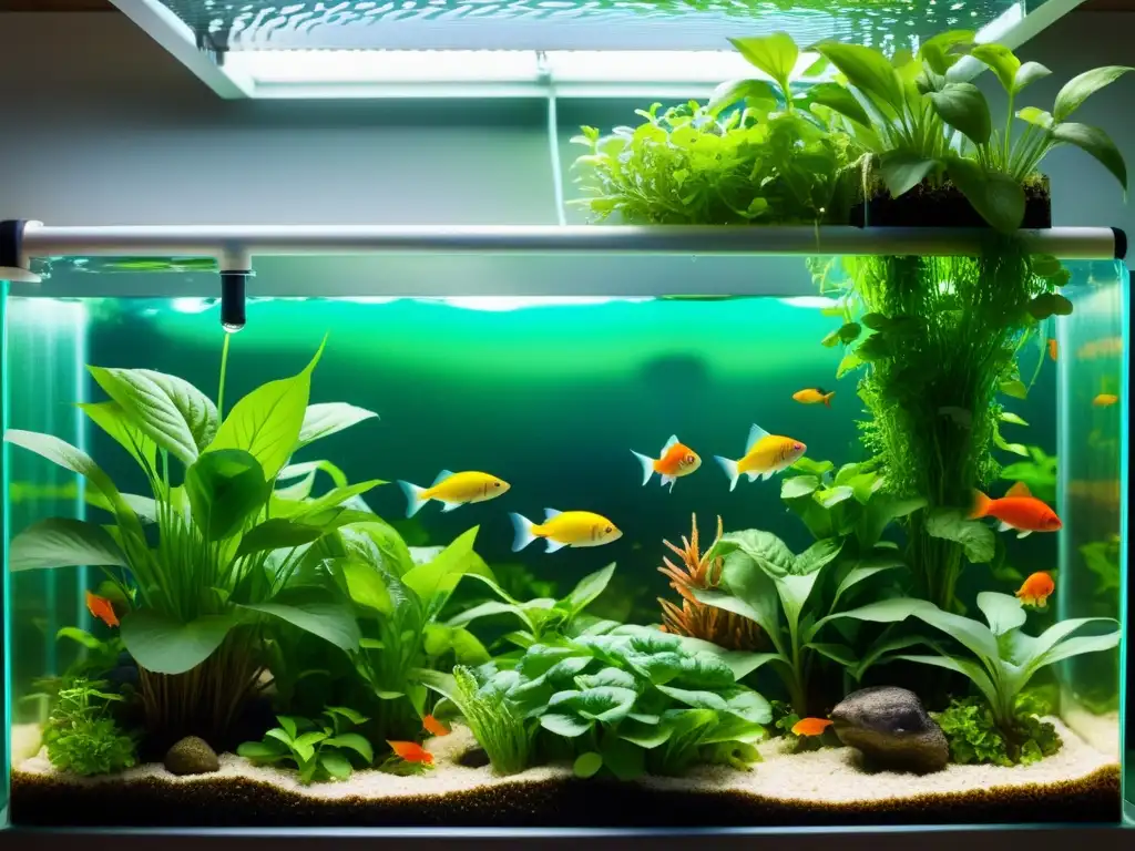 Vibrante acuaponía urbana con plantas exuberantes y peces coloridos, creando un ecosistema cautivador