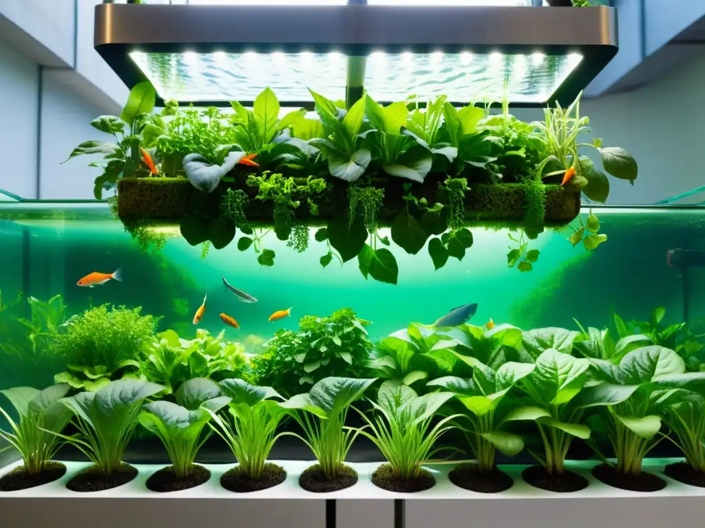 Vibrante acuaponía urbana con plantas y peces complementarios en un diseño moderno