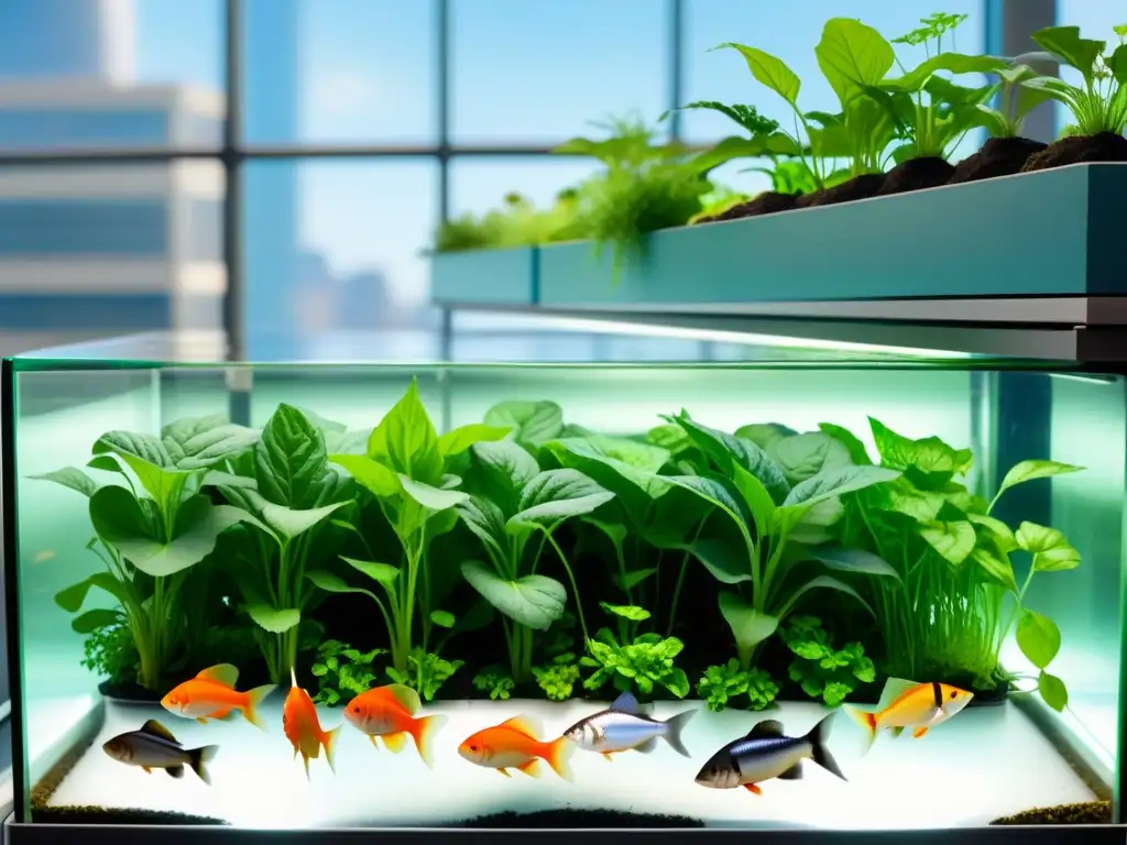 Vibrante acuaponía urbana con vegetales verdes y peces saludables, prevención enfermedades acuaponía urbana en arquitectura contemporánea