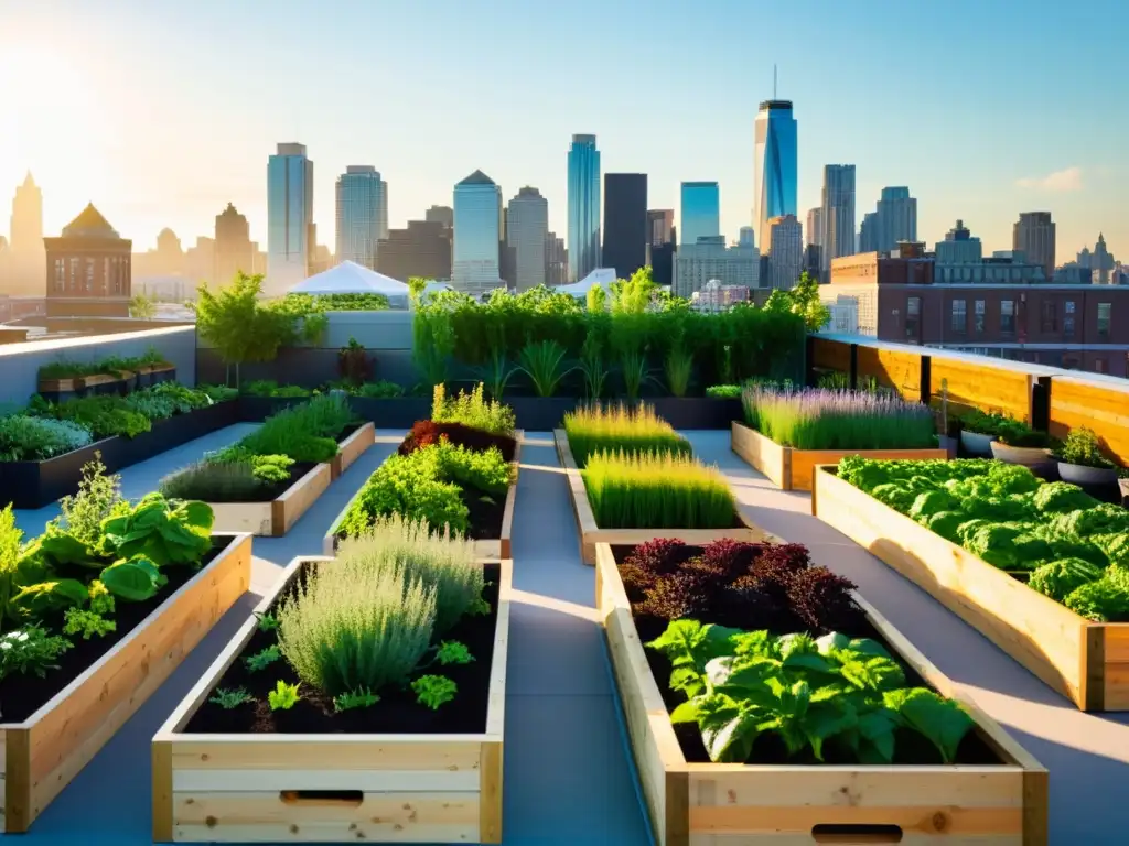 Un vibrante jardín urbano en la azotea, donde la comunidad cultiva y comparte conocimientos, fomentando la fidelización clientes agricultura urbana