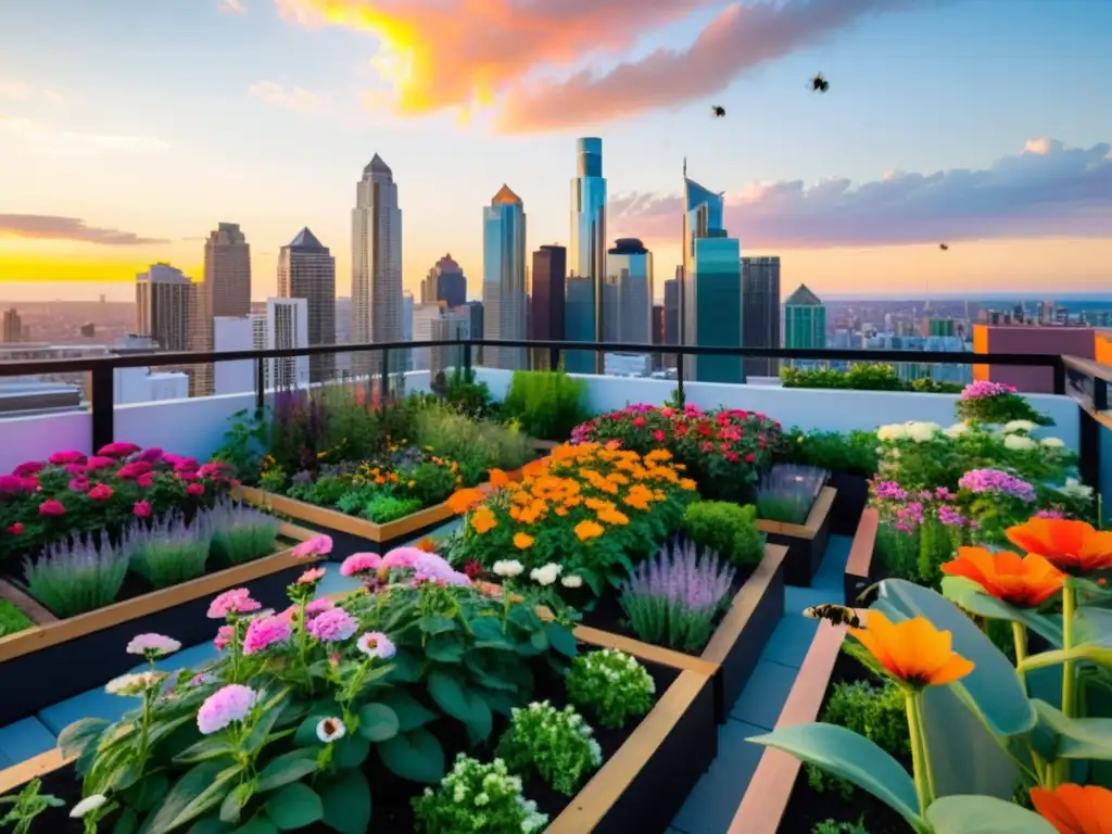 Un vibrante jardín urbano en la azotea con diversidad de plantas verdes y flores coloridas