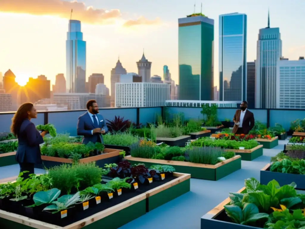 Un vibrante jardín urbano en la azotea, con frutas, verduras y hierbas