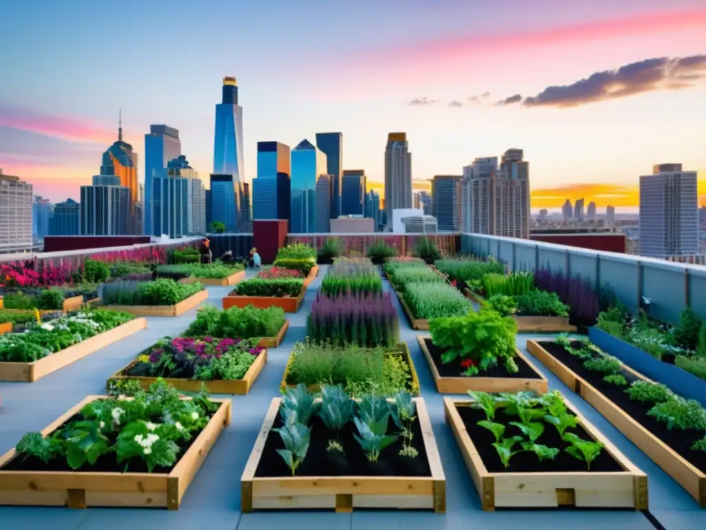 Un vibrante jardín urbano en la azotea, lleno de vegetales y frutas coloridas, rodeado de rascacielos y luces de la ciudad