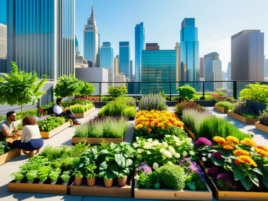 Un vibrante jardín urbano en la azotea de un rascacielos, donde la naturaleza y la ciudad se fusionan