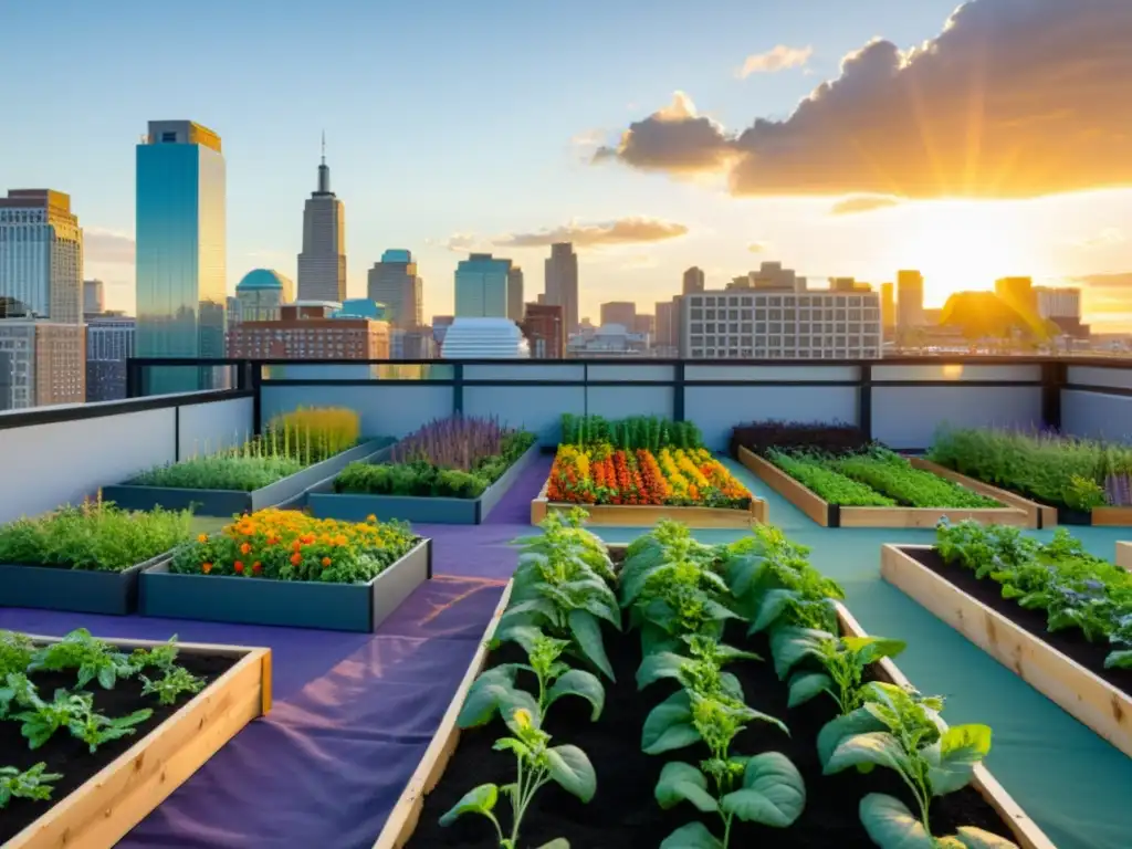 Un vibrante jardín urbano en la azotea con variedades autóctonas, creando armonía entre la ciudad y la preservación de la biodiversidad