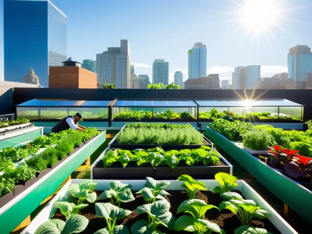 Un vibrante jardín urbano en la azotea con vegetales coloridos en sistemas acuapónicos