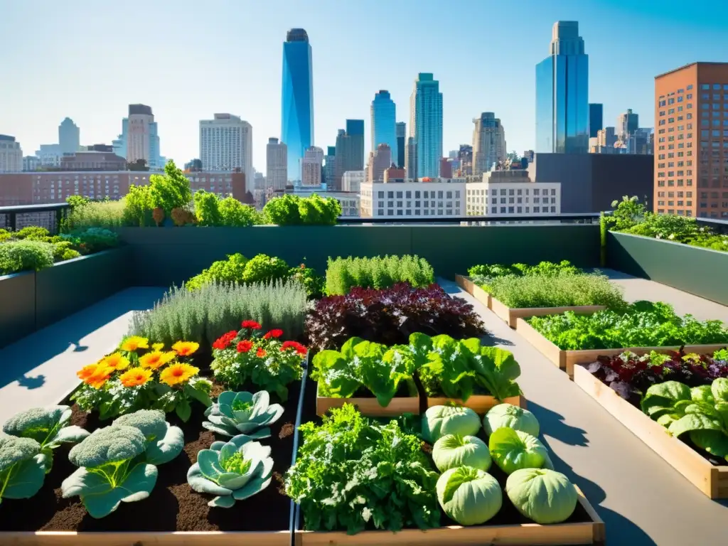 Un vibrante jardín urbano en la azotea, con verduras, flores y árboles frutales