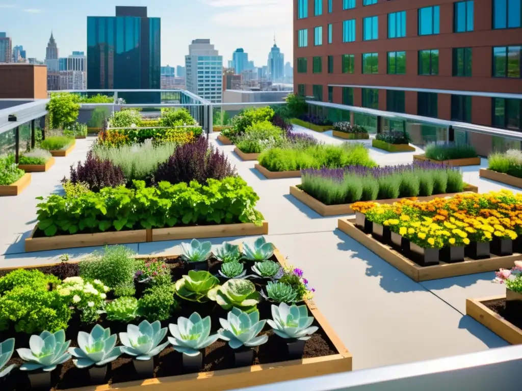 Un vibrante jardín urbano en contraste con edificios modernos, donde la gente cultiva, muestra la importancia de la agricultura urbana