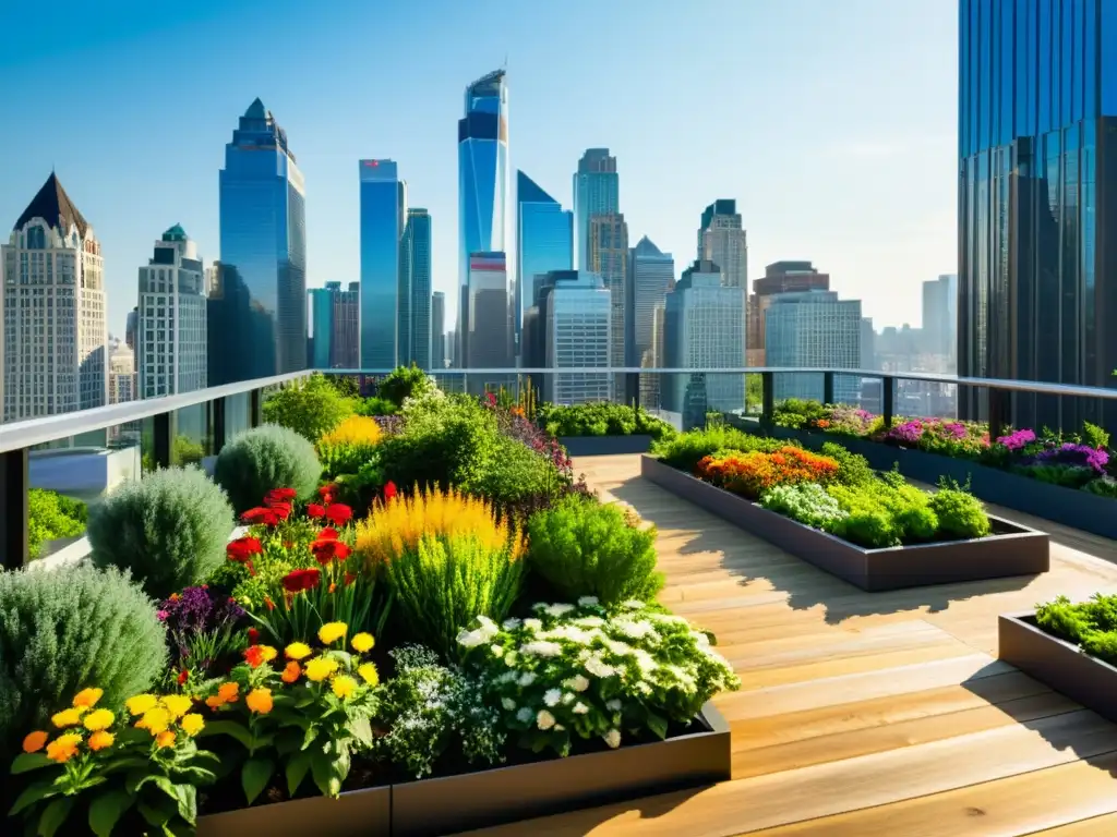 Vibrante jardín urbano en contraste con rascacielos, muestra innovación en huertos verticales agricultura urbana