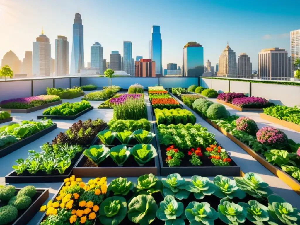 Un vibrante jardín urbano en el corazón de la ciudad, con cultivos locales y colmenas, mostrando la producción de alimentos locales urbanos