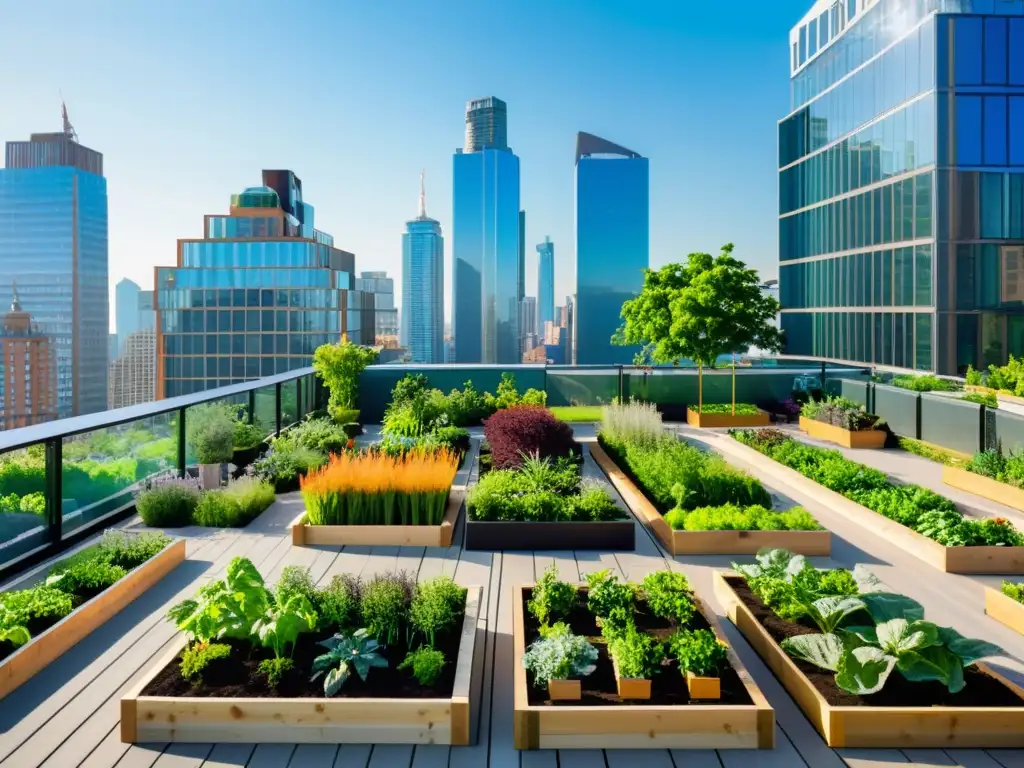 Vibrante jardín urbano con cultivos en camas elevadas, rodeado de rascacielos