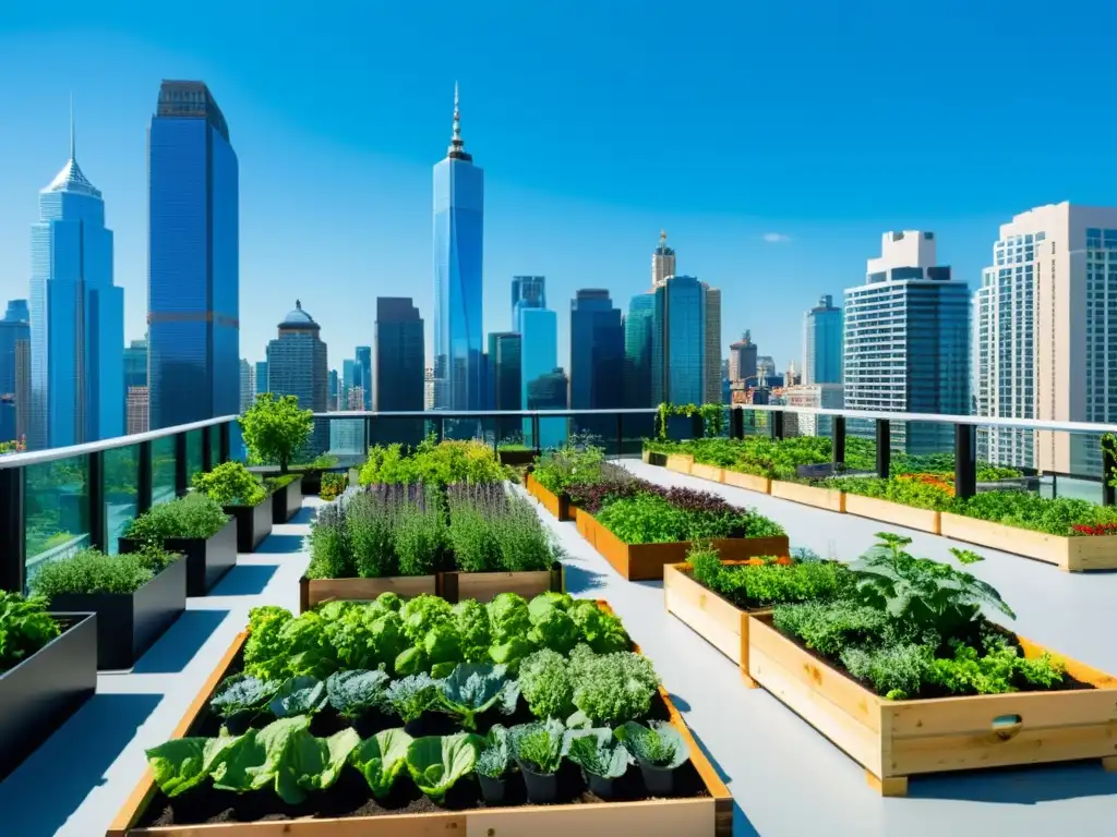 Vibrante jardín urbano con cultivos y biodiversidad, ejemplifica políticas públicas agricultura urbana cambio climático