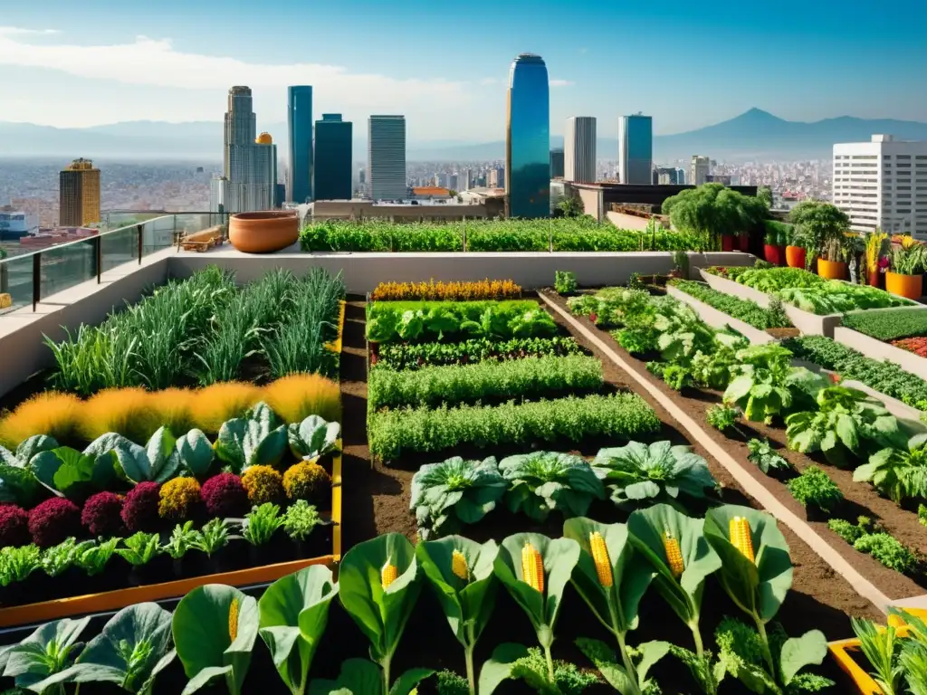 Vibrante jardín urbano en México con cultivos tradicionales como maíz, frijol y calabaza, rodeado de rascacielos