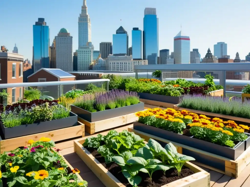 Un vibrante jardín urbano con diversidad de cultivos y personas colaborando