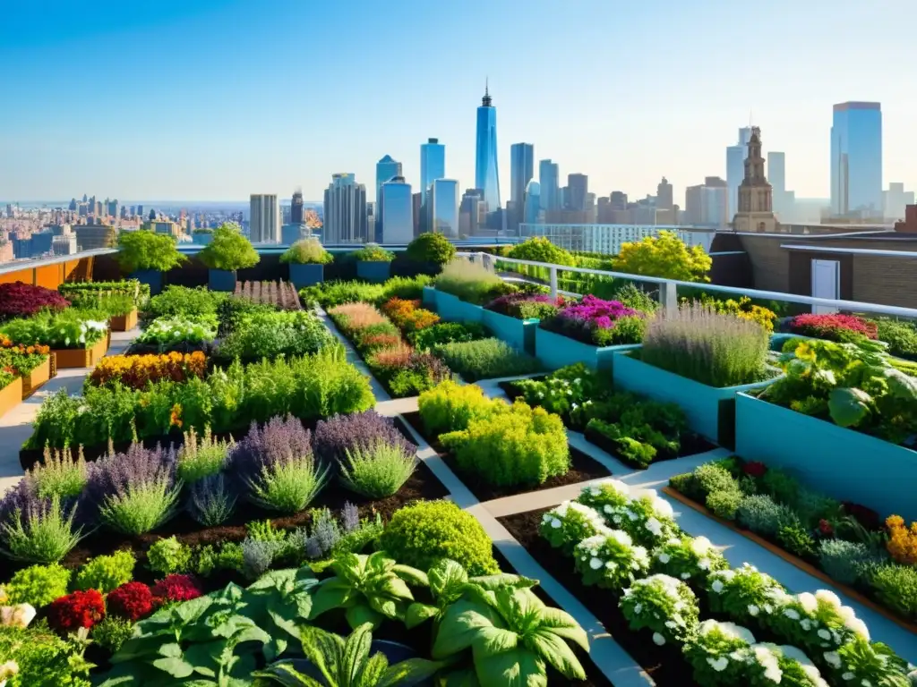 Un vibrante jardín urbano transformando espacios urbanos en fuentes de alimento, lleno de plantas exuberantes, flores coloridas y huertos organizados