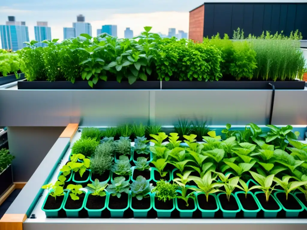 Vibrante jardín urbano con acuaponía, usando fertilizantes orgánicos para acuaponía urbana, rodeado de arquitectura contemporánea