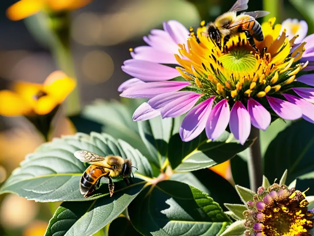 Vibrante jardín urbano con flores coloridas y abejas recolectando polen