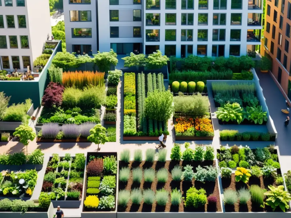 Vibrante jardín urbano con gente diversa cuidando cultivos, bajo el cálido sol