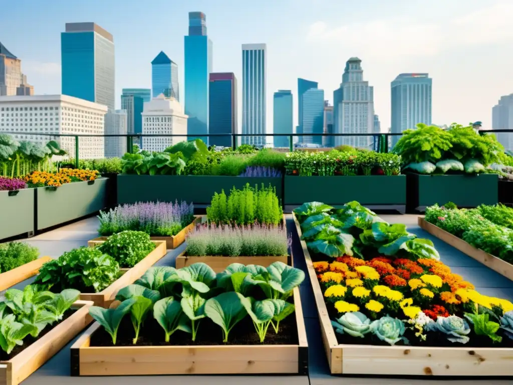 Vibrante jardín urbano con hortalizas y flores en filas, rodeado de rascacielos