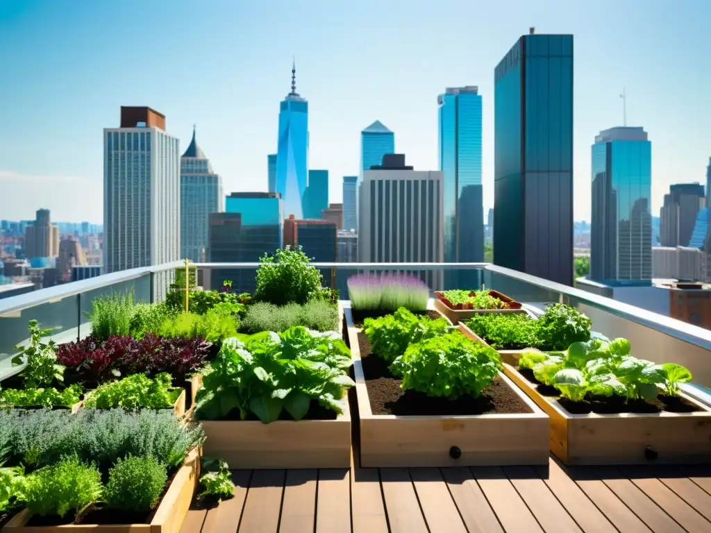 Un vibrante jardín urbano con hortalizas y hierbas en sistemas verticales, iluminado por el sol, y un curso de cultivo en la ciudad