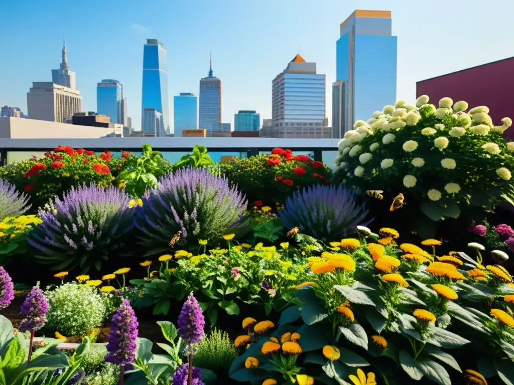 Vibrante jardín urbano con polinización en huertos urbanos, flores, abejas y mariposas, contrastando con la ciudad moderna