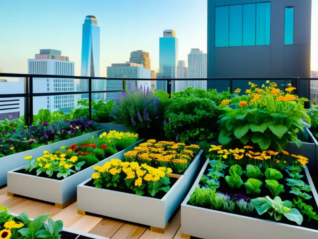 Un vibrante jardín urbano con gestión de biodiversidad en huertos urbanos, rodeado de edificios modernos y repleto de flores y vegetales