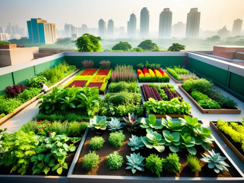 Vibrante jardín urbano en India con agricultura diversa y seguridad alimentaria en la ciudad