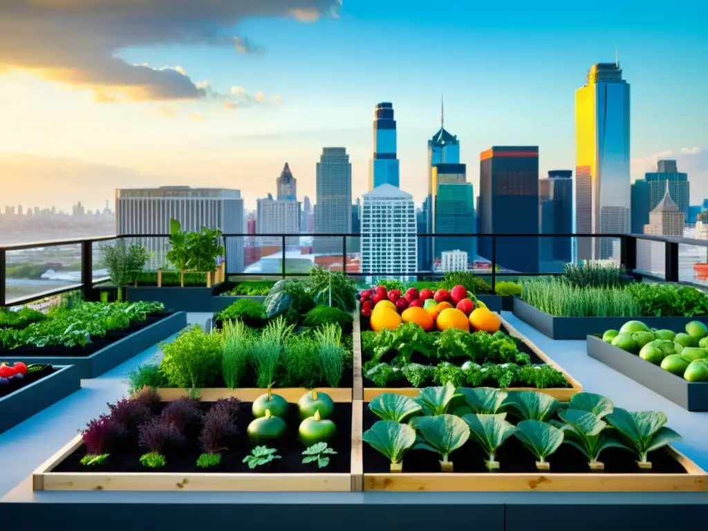 Un vibrante jardín urbano con ingredientes frescos y coloridos, en contraste con la moderna arquitectura de la ciudad