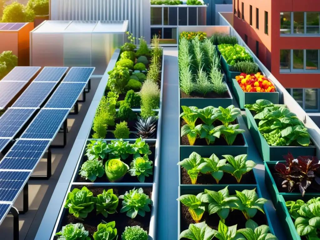 Vibrante jardín urbano con integración de energías renovables en agricultura urbana, plantas y tecnología futurista