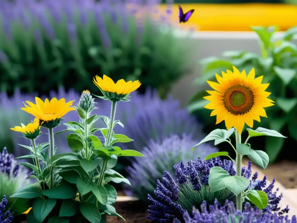 Vibrante jardín urbano con las mejores plantas para huerto urbano, atrayendo abejas y mariposas en un entorno moderno y ecológico